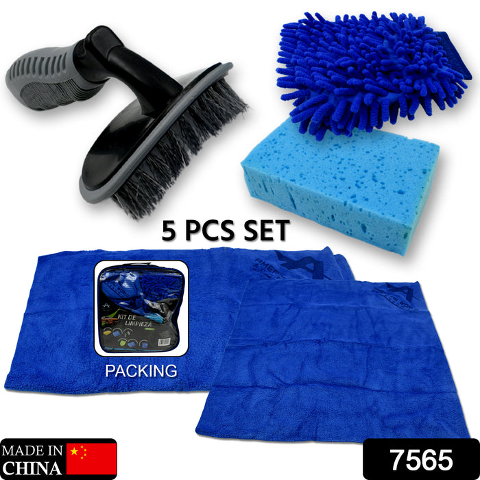 7565 Car / Bike Cleaning Combo Microfiber Car Wash Sponge and Gloves, Automobile Cleaning Sponges, 2 Wash Towel, 1 Brush, 1 Sponge, 1 Gloves, Car Wash Cleaning Tools Kit (5 Pcs Set)