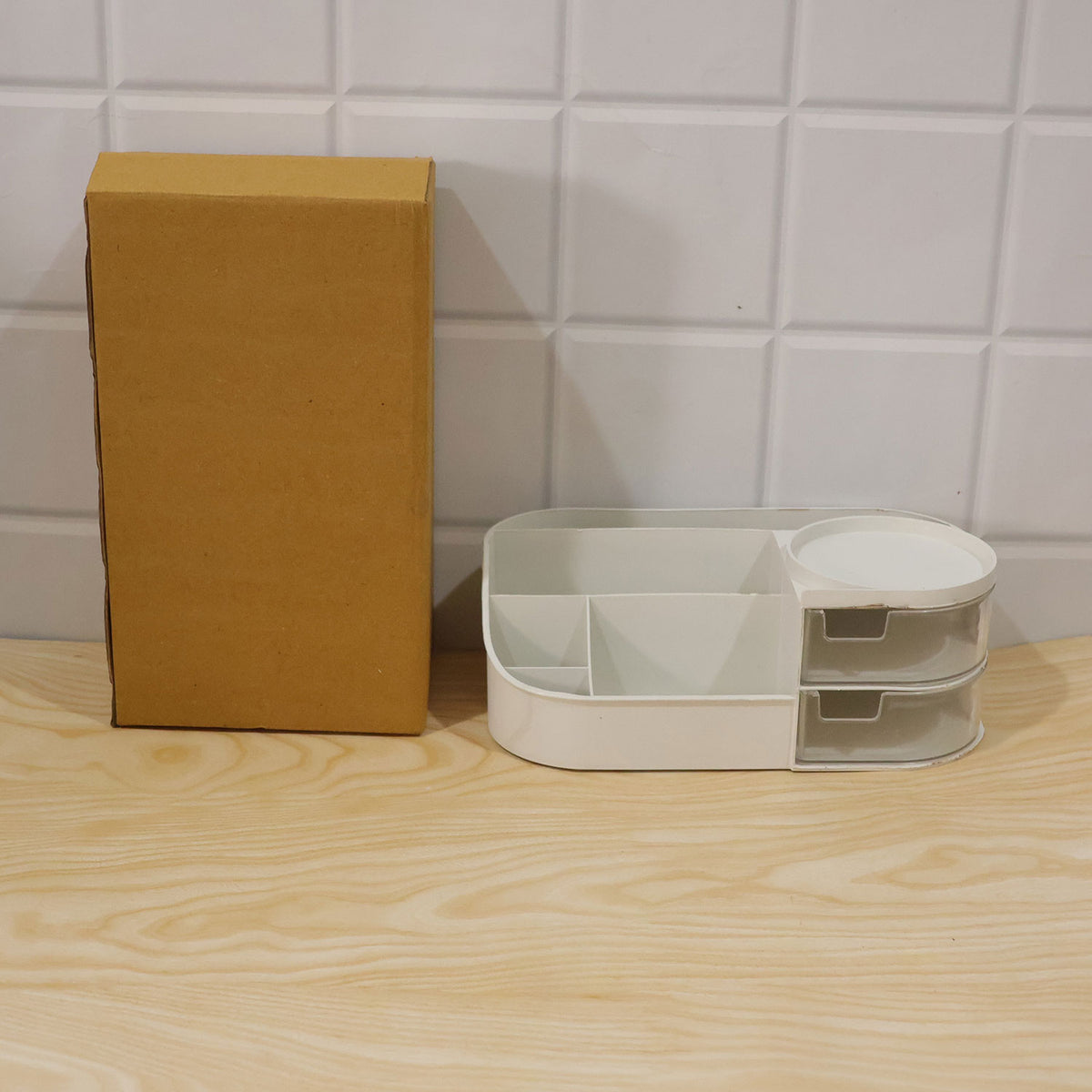 Vanity Organizer with Rotating Tray & Drawers for Easy Storage