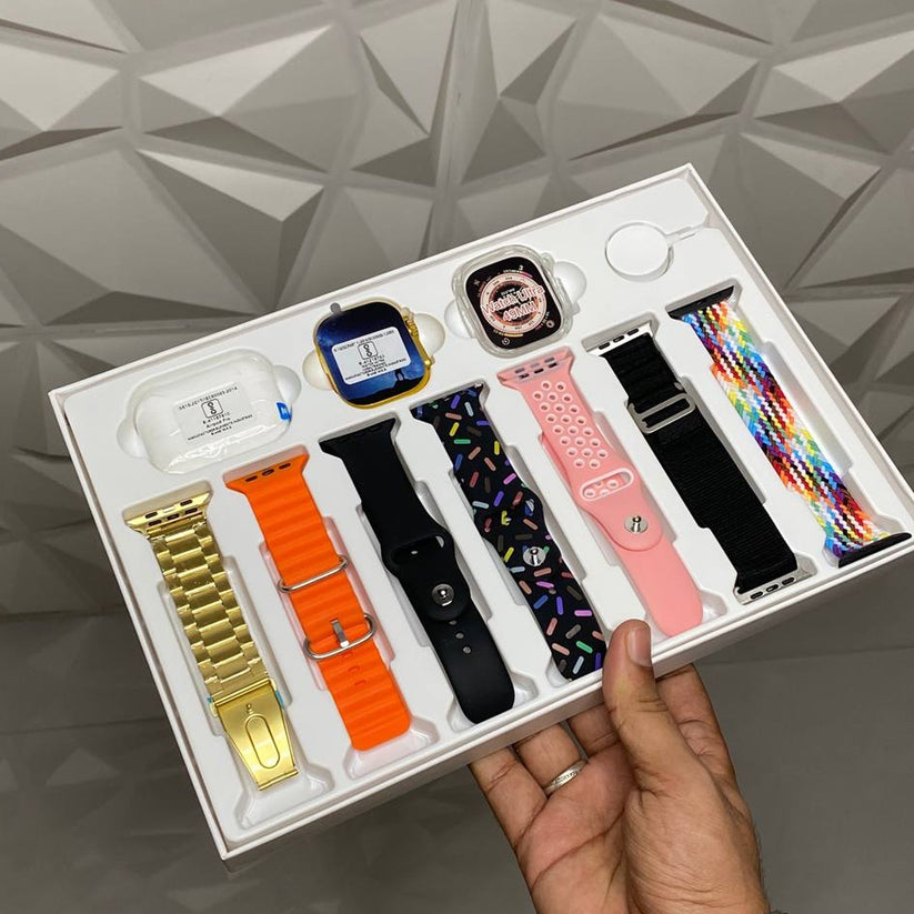 10 in 1 Ultra 2 Smartwatch Combo with Bluetooth Calling & Earphones – 7 Strap Set Smart Watch for Men & Women (Gift Set)