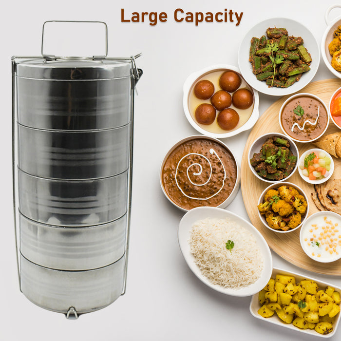5 Compartment Lunch Box (Stainless Steel): Round Tiffin, Leakproof (16x5")