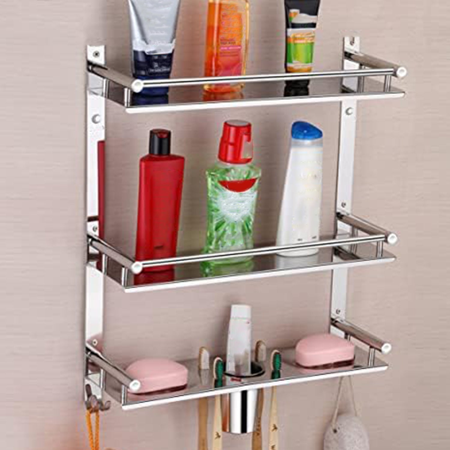 Stainless Steel 6 In 1 Multipurpose Bathroom Shelves Rack (15Inch)