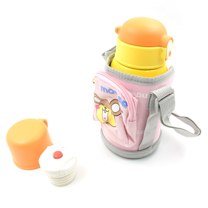 Love Baby Cute Animals Prints Kids Bottle Sipper for HOT N Cold Water, Milk, Juice with Bottle Cover, Cup, Zip Pocket & Straw to Keep Things Orange Green Pink Colors for Outdoor / Office / Gym / School (600 ML)