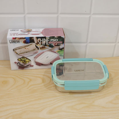 Detailed view of stainless steel lunch box set.