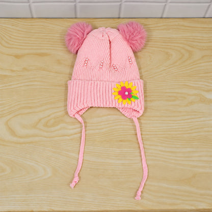 Kids Soft Knitted Winter Caps with Twin Pom Poms and Floral Detail (1 Pc)