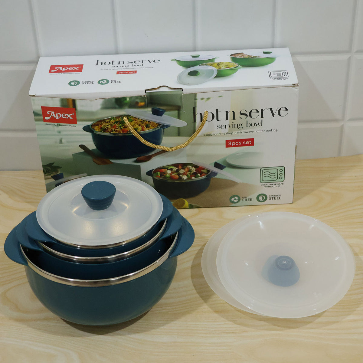Apex Hot and Serve Serving Bowl Set with Lids, Steel Inner Casserole (3 Pc Set)
