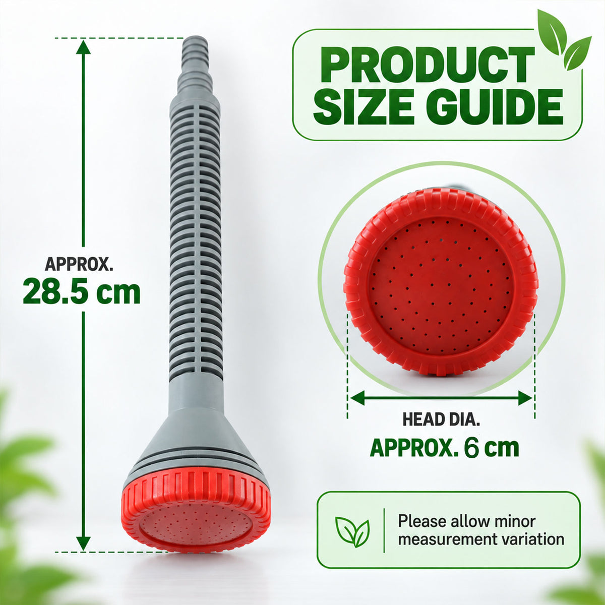 A single grey and red watering nozzle with dimensions indicating its length and head diameter.