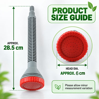 A single grey and red watering nozzle with dimensions indicating its length and head diameter.