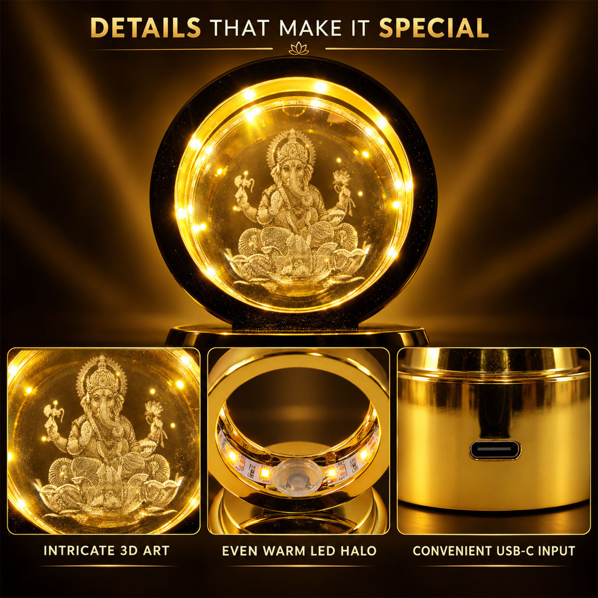 Ganpati Bapa 3D Crystal Ball LED Night Light – Divine Spiritual Glow