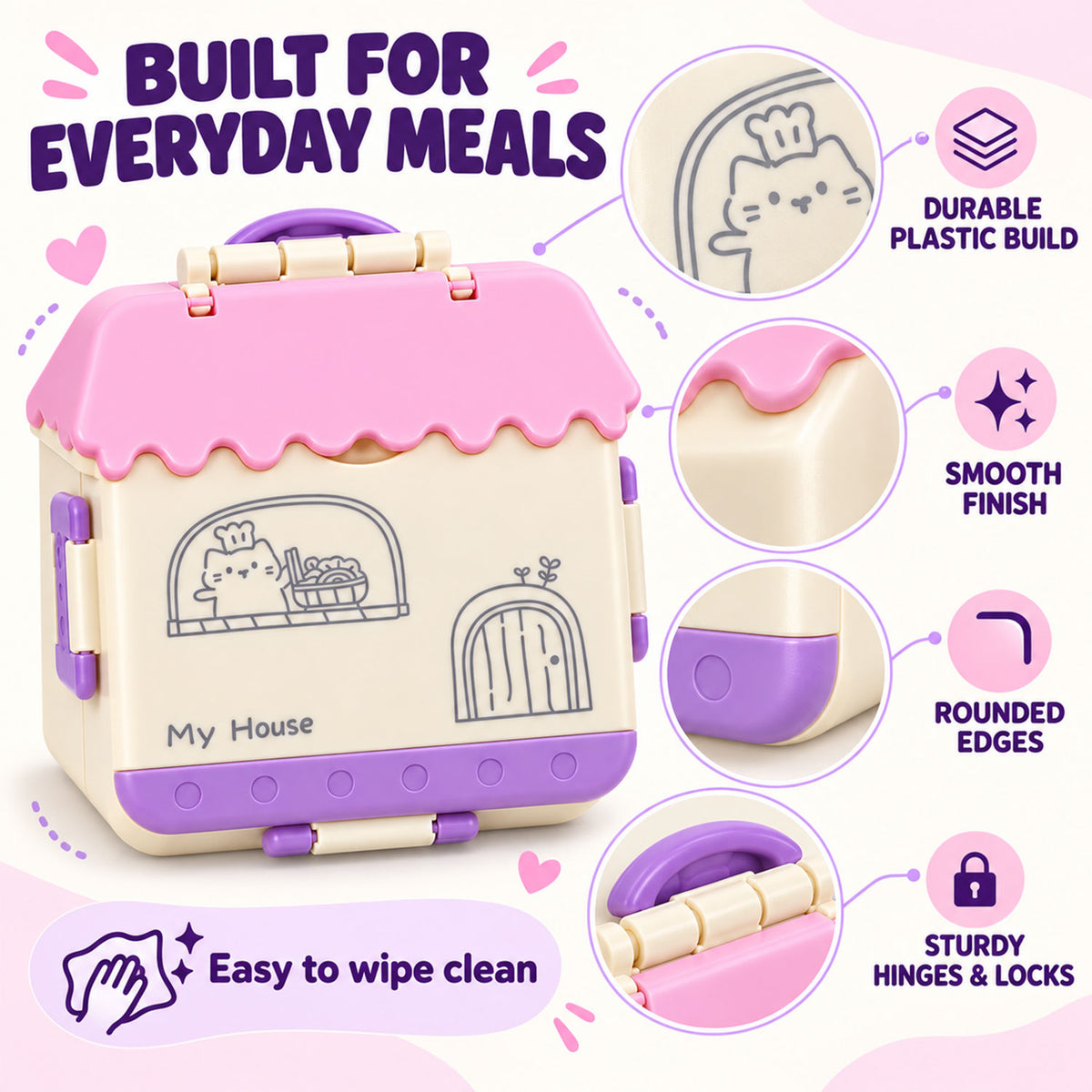 House Shape Plastic Kids Lunch Box with Handle and Spoon Fork (17 x 17 x 6.5 Cm)