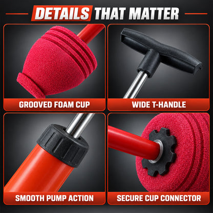 Four close-up images show the grooved foam cup, wide T-handle, smooth pump, and secure cup connector.