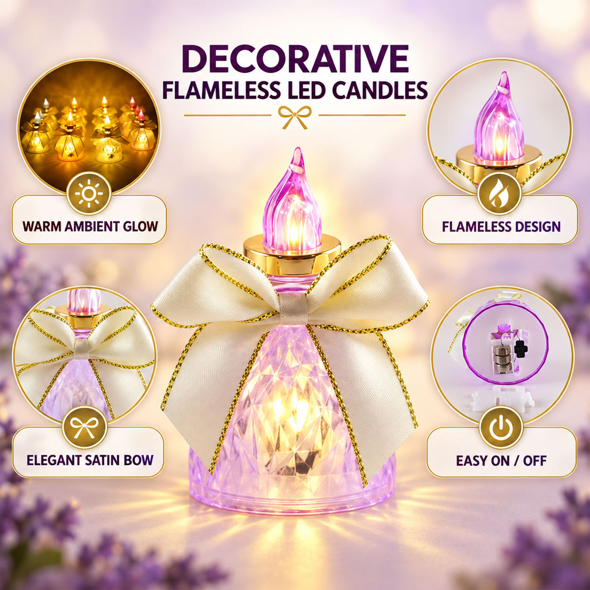 Flameless LED Candle Lights with Bow for Festive Table Decoration (12 Pc Set)