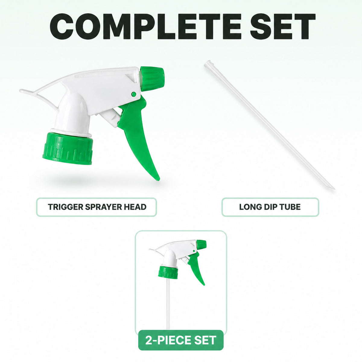 A complete set showing the trigger sprayer head and a long dip tube as a 2-piece set.