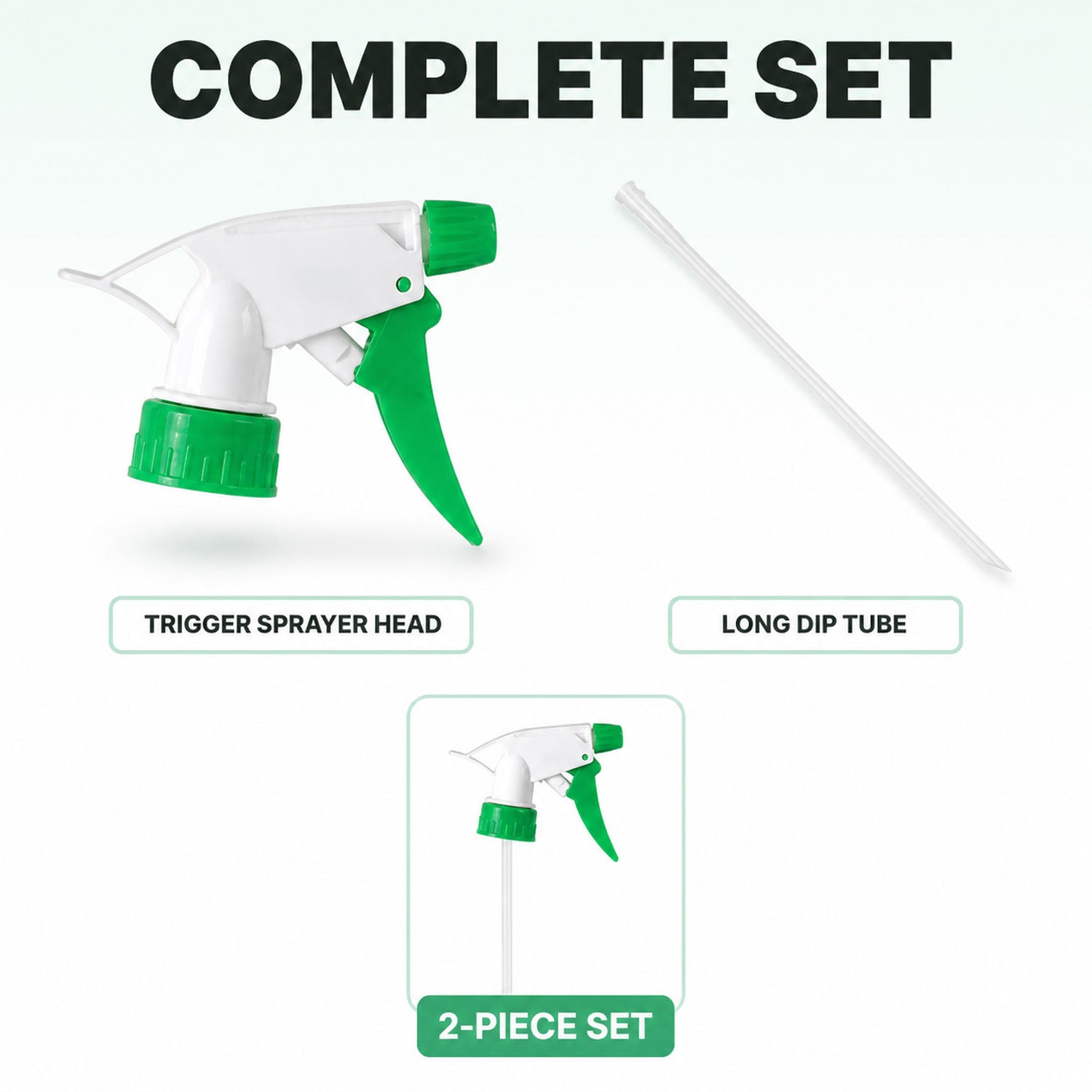 A complete set showing the trigger sprayer head and a long dip tube as a 2-piece set.