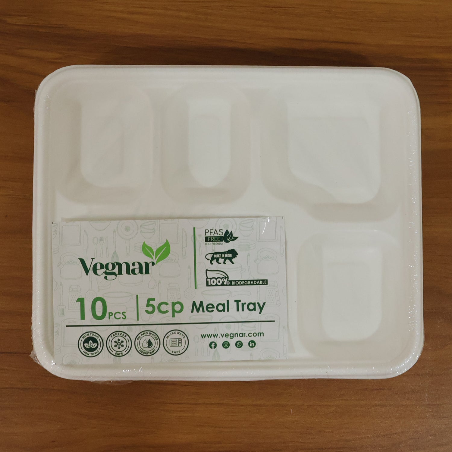 Vegnar 5 Compartment Compostable Bagasse Meal Tray 10 Pcs Set