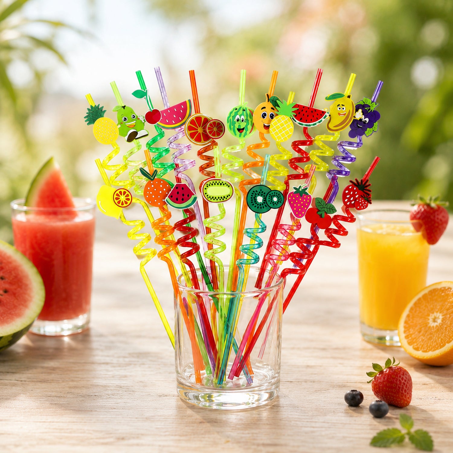 Set of colorful reusable straws arranged on a table