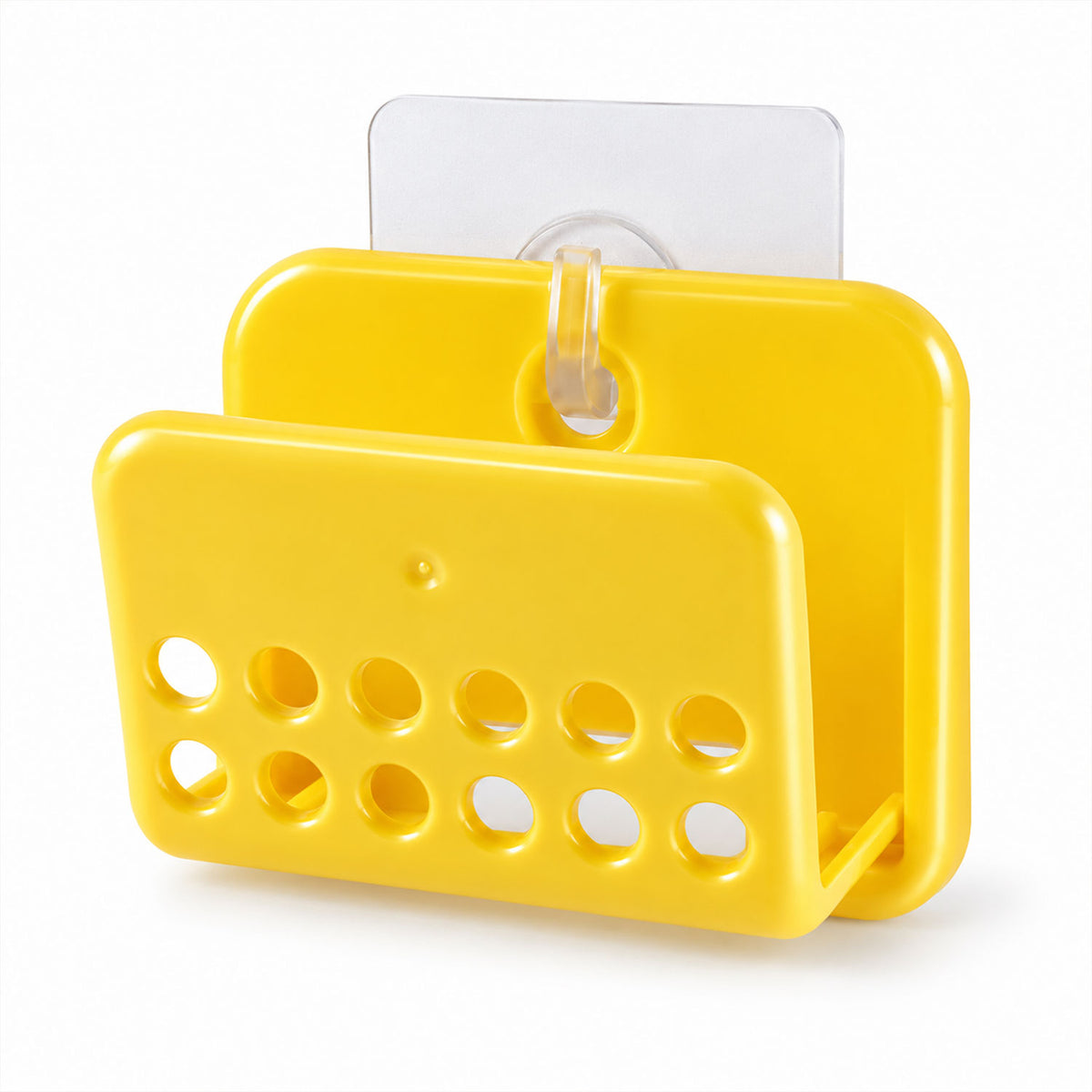 A yellow plastic sponge holder with a clear adhesive hook on a white background.