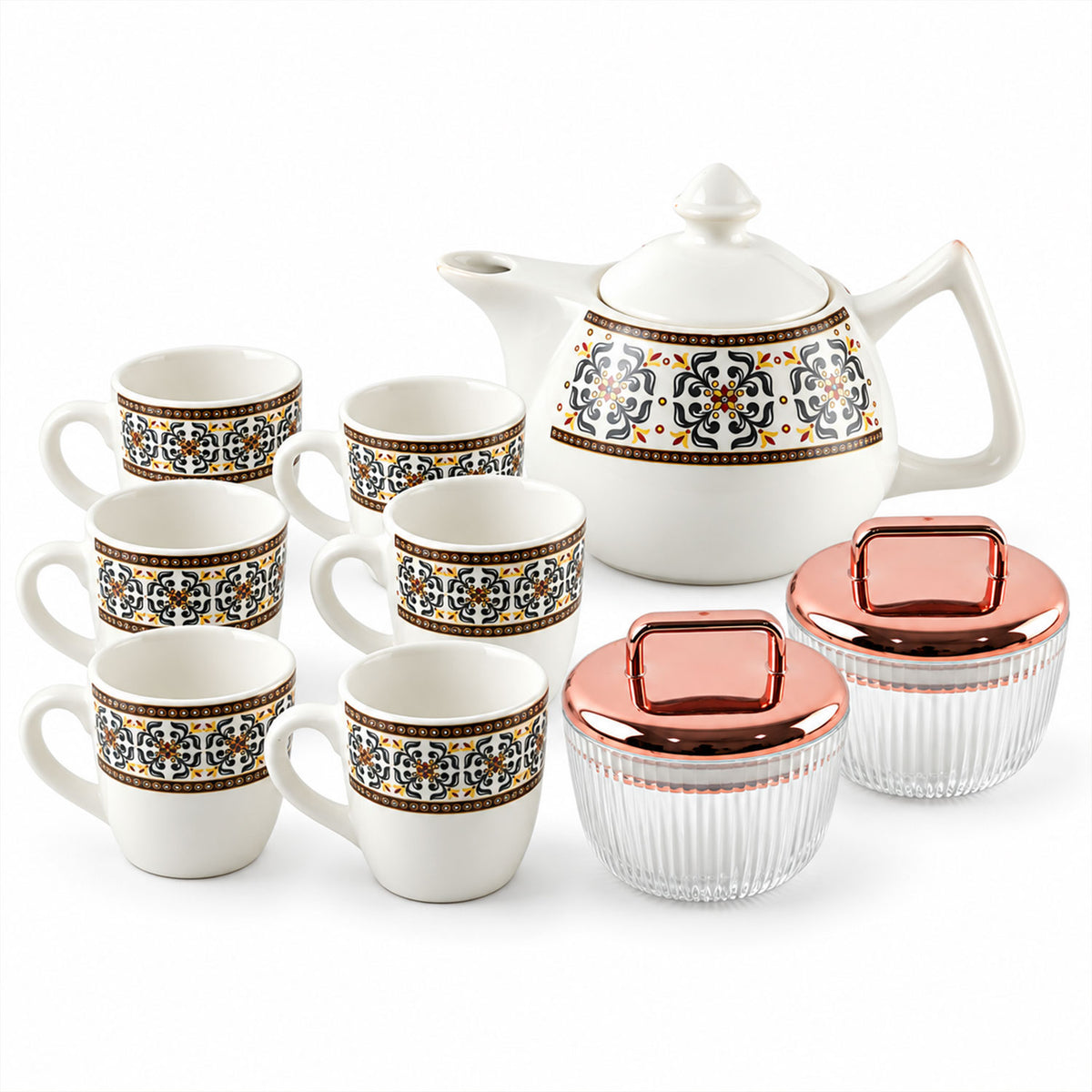 A white ceramic teapot with six matching cups and two ribbed glass jars with rose gold lids are arranged neatly.
