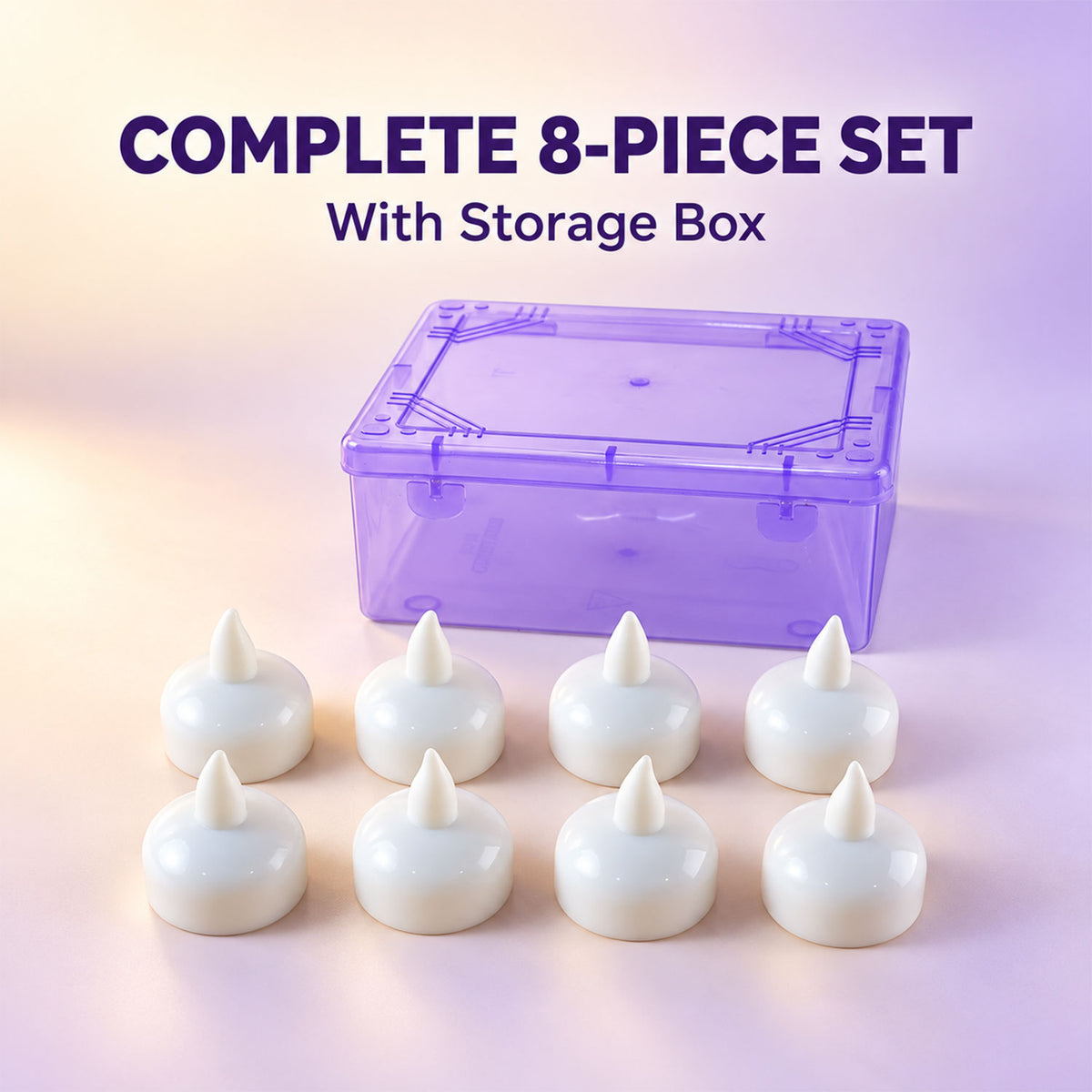 Eight white floating LED diyas are displayed in front of a translucent purple storage box on a light pink surface.