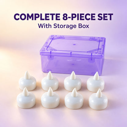 Eight white floating LED diyas are displayed in front of a translucent purple storage box on a light pink surface.