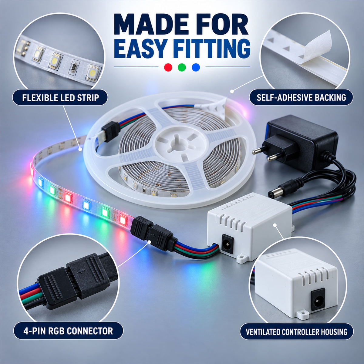 RGB LED Strip Light with Remote and Adapter for Room Decor (1 Set, 3.4 Mtr)