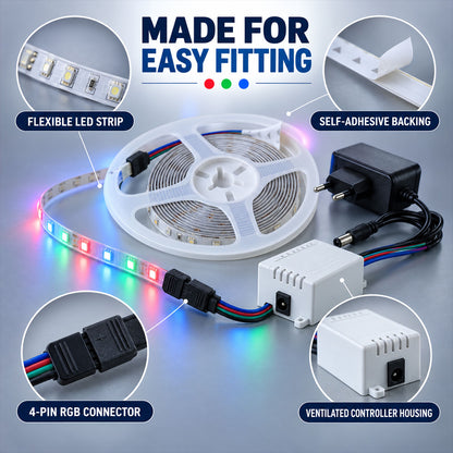 RGB LED Strip Light with Remote and Adapter for Room Decor (1 Set, 3.4 Mtr)