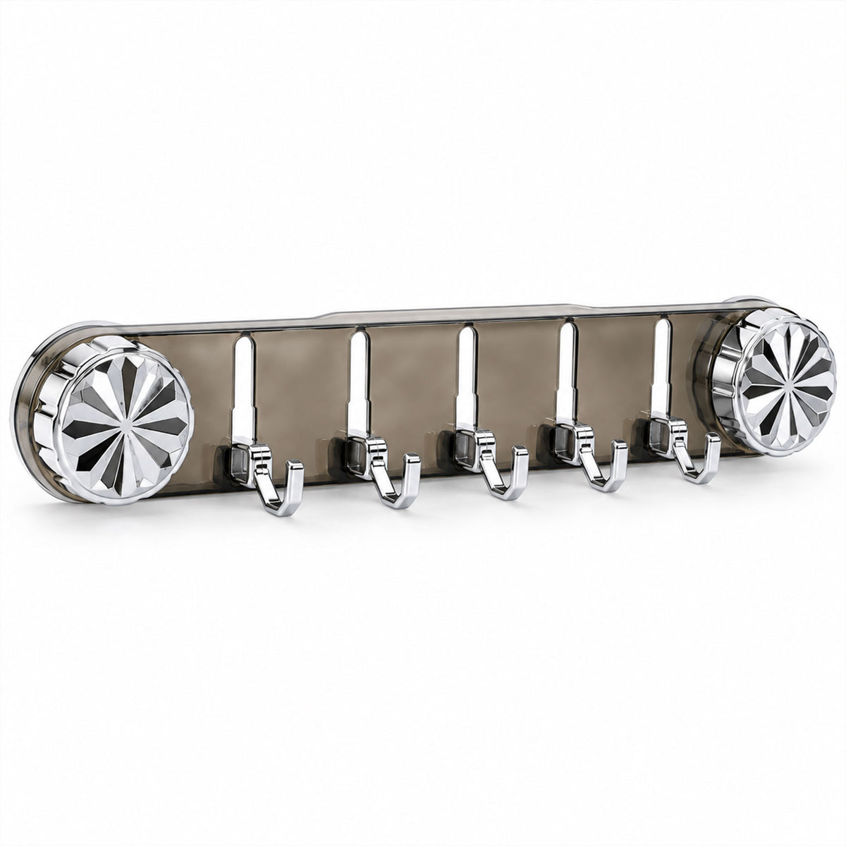 A gray transparent wall rack with five silver folding hooks and two faceted suction locks is presented on a plain white