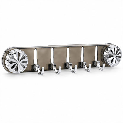 A gray transparent wall rack with five silver folding hooks and two faceted suction locks is presented on a plain white