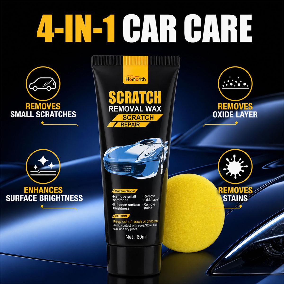 A tube of scratch removal wax and a yellow sponge, with icons illustrating its 4-in-1 benefits.