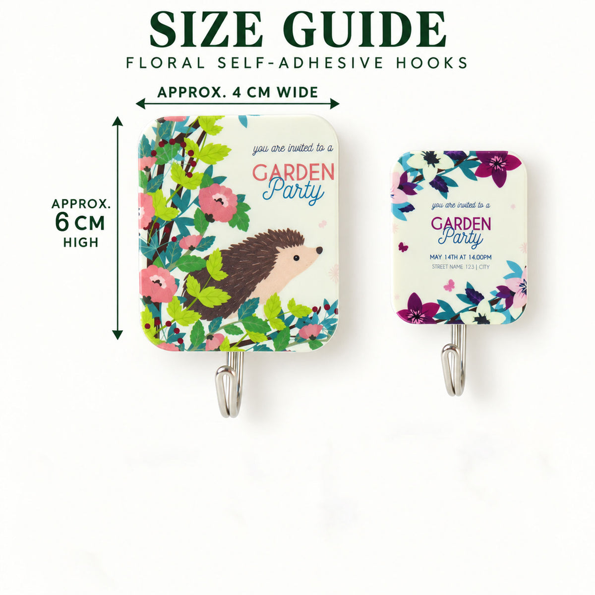 Two floral sticky hooks, one larger with a hedgehog and one smaller with purple flowers, showing approximate dimensions.
