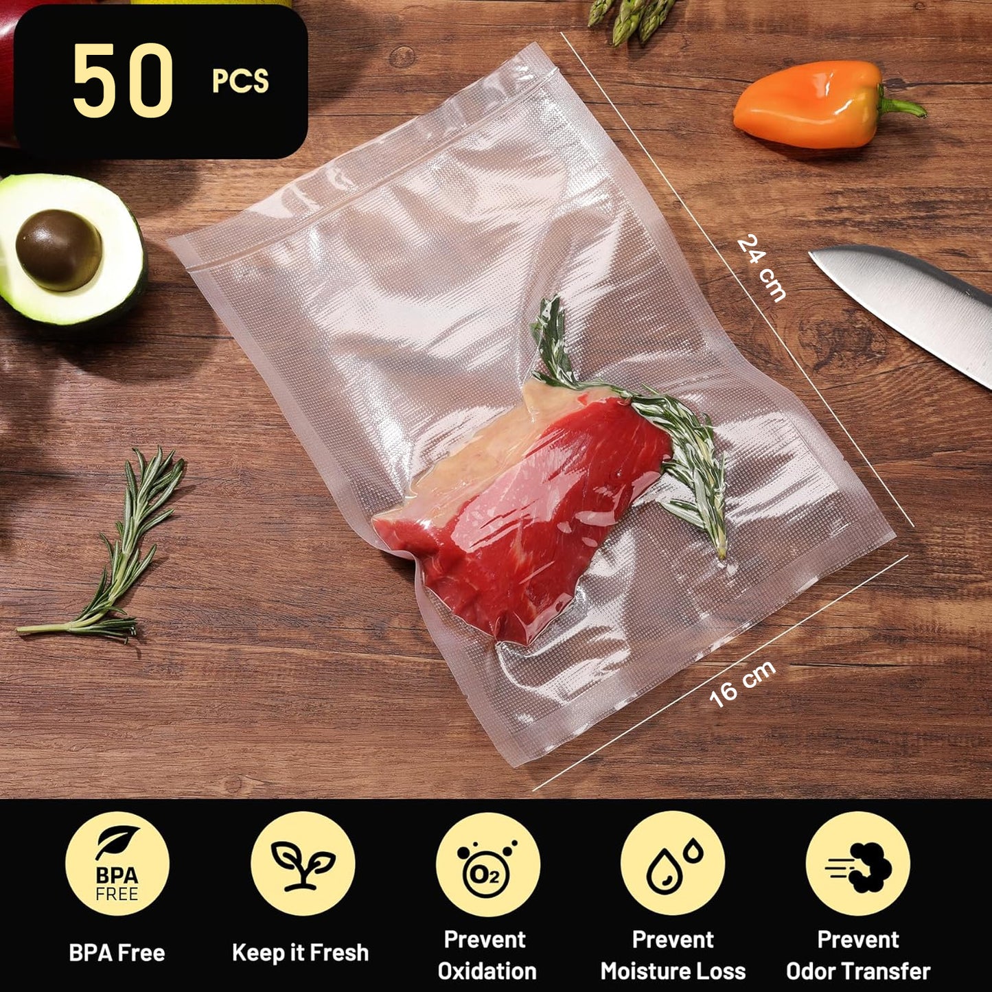 Heavy-Duty Vacuum Sealer Food Bags (24×16 cm, Pack of 50)