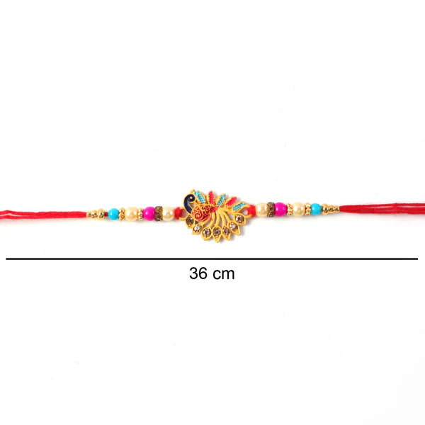 Another angle of the colourful peacock Rakhi for brothers during Raksha Bandhan.