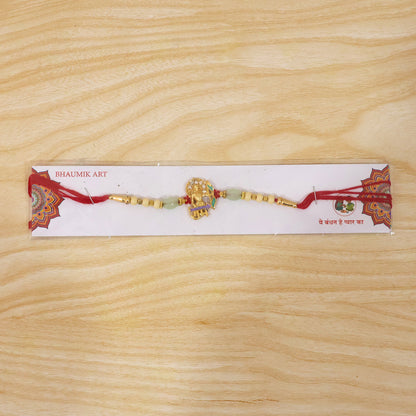 Full design of Gold Finish Lord Ram Rakhi with beads and thread