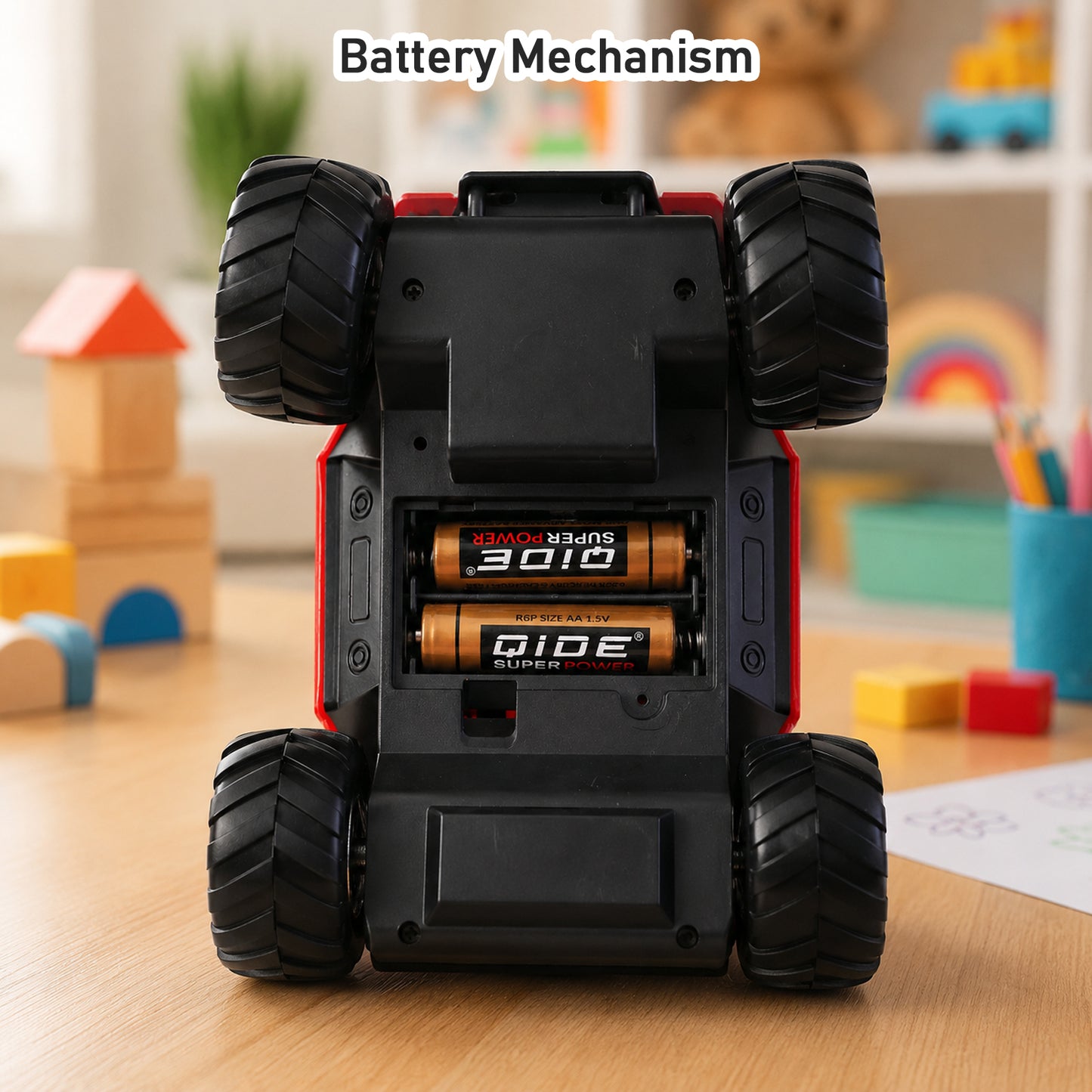 Kids playing with friction powered off-road adventure toy jeep