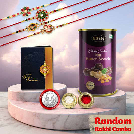 Butter scotch chocolate 4 Random Rakhi Gift Combo with Greeting Card, Coin & Roli Chawal