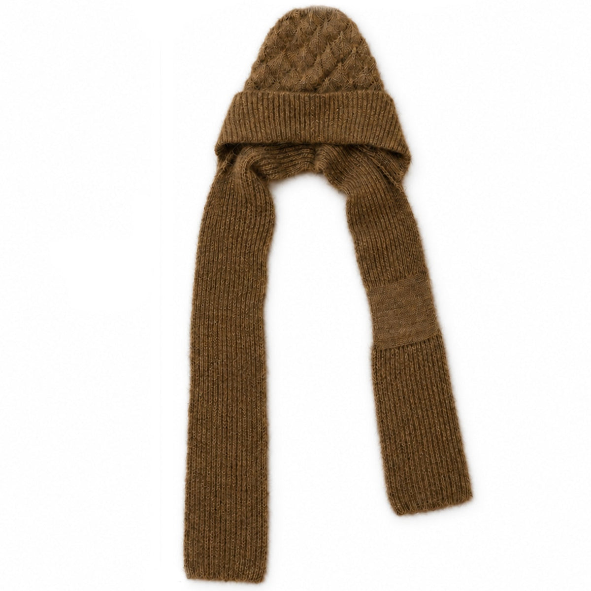 A brown knitted cap with an attached scarf is presented flat against a plain white background.