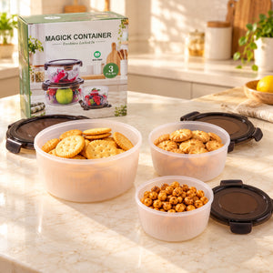 Magick Round Food Storage Containers with Clip-On Lids in Three Sizes (3 Pc)