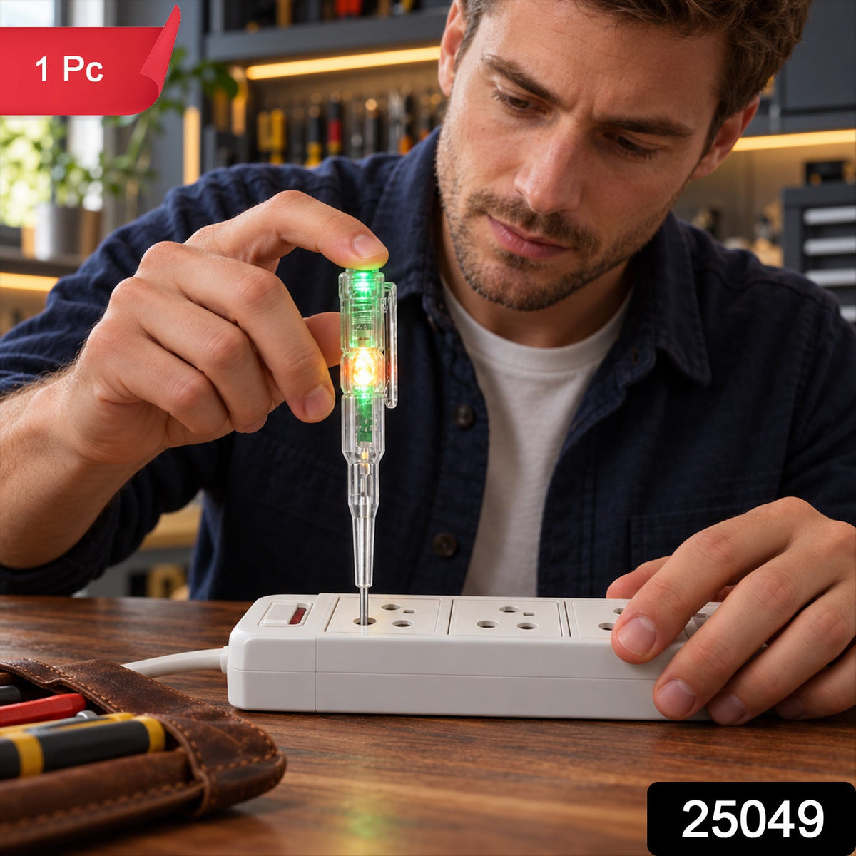 A man uses a transparent electrical tester screwdriver with a glowing green light on a white power strip, with a '1 Pc'
