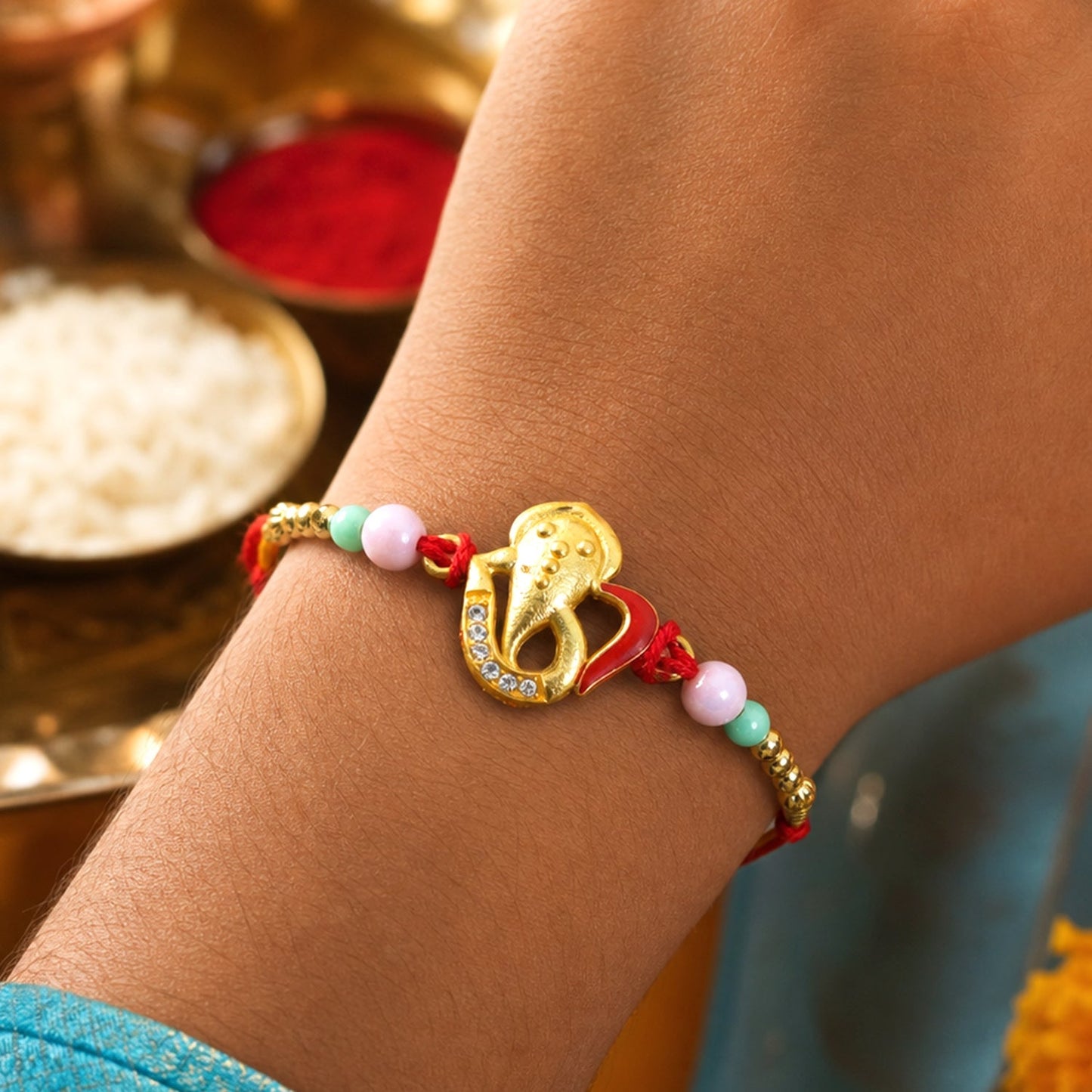 Ganesh Motif Designer Rakhi with Beaded Traditional Finish Work (5pcs)