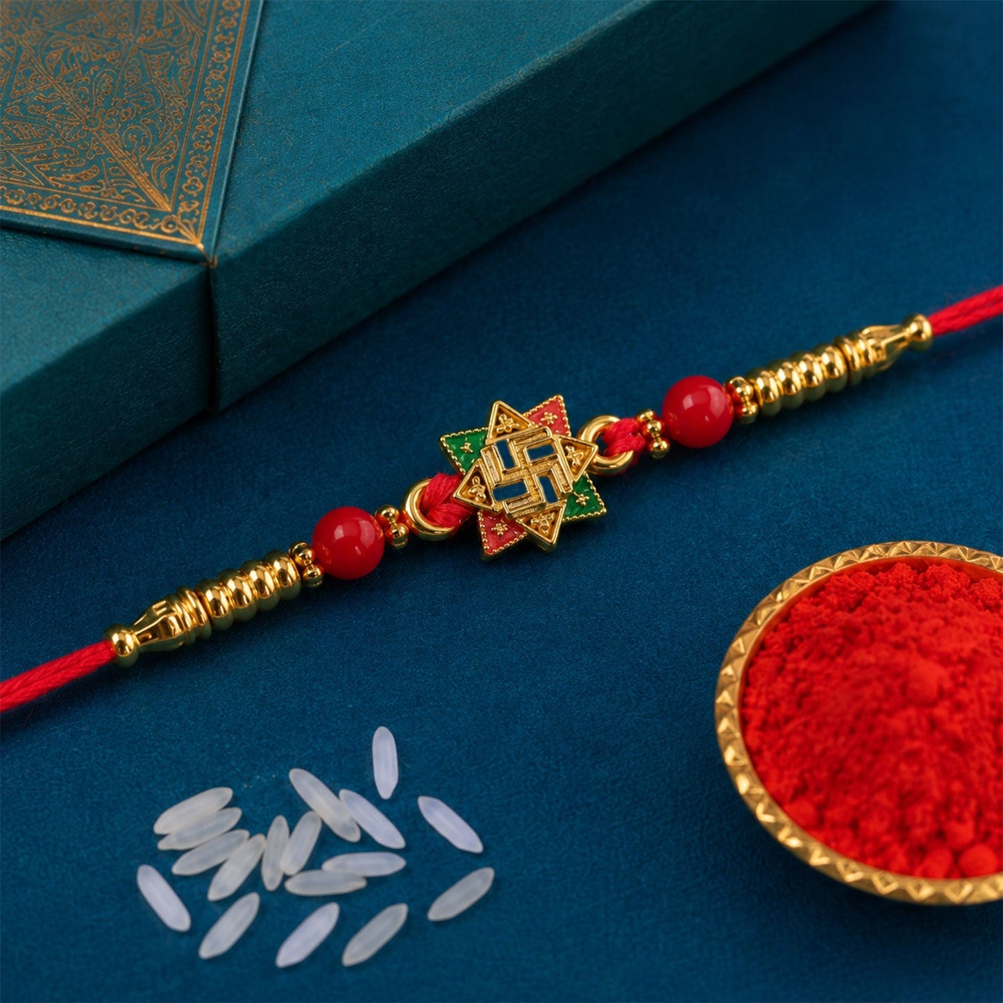 Golden Swastik Motif Rakhi with Enamel and Beadwork for Brother (5pcs)