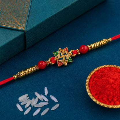Golden Swastik Motif Rakhi with Enamel and Beadwork for Brother (5pcs)