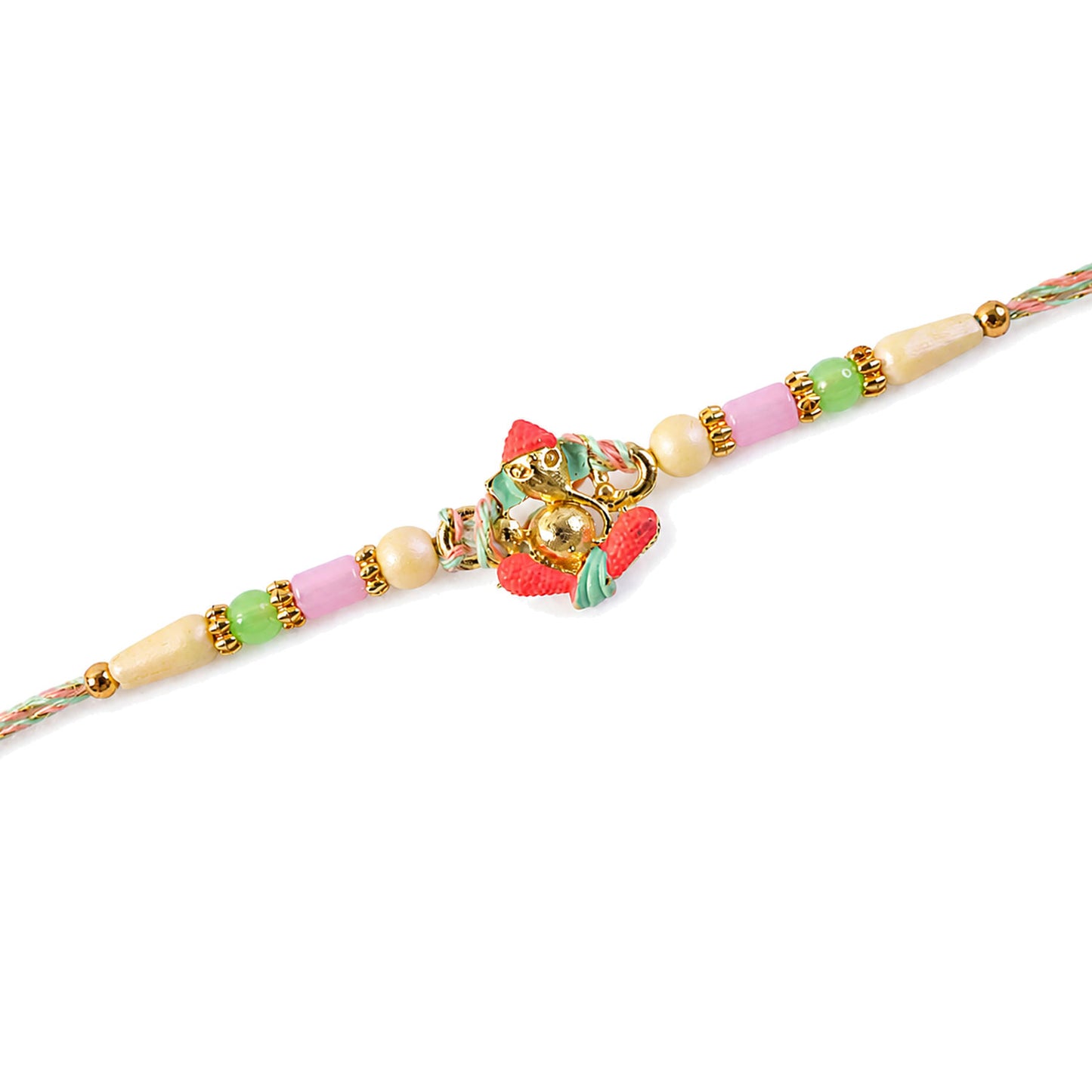 Gold Ganesha Charm Rakhi with Coral and Green Accents