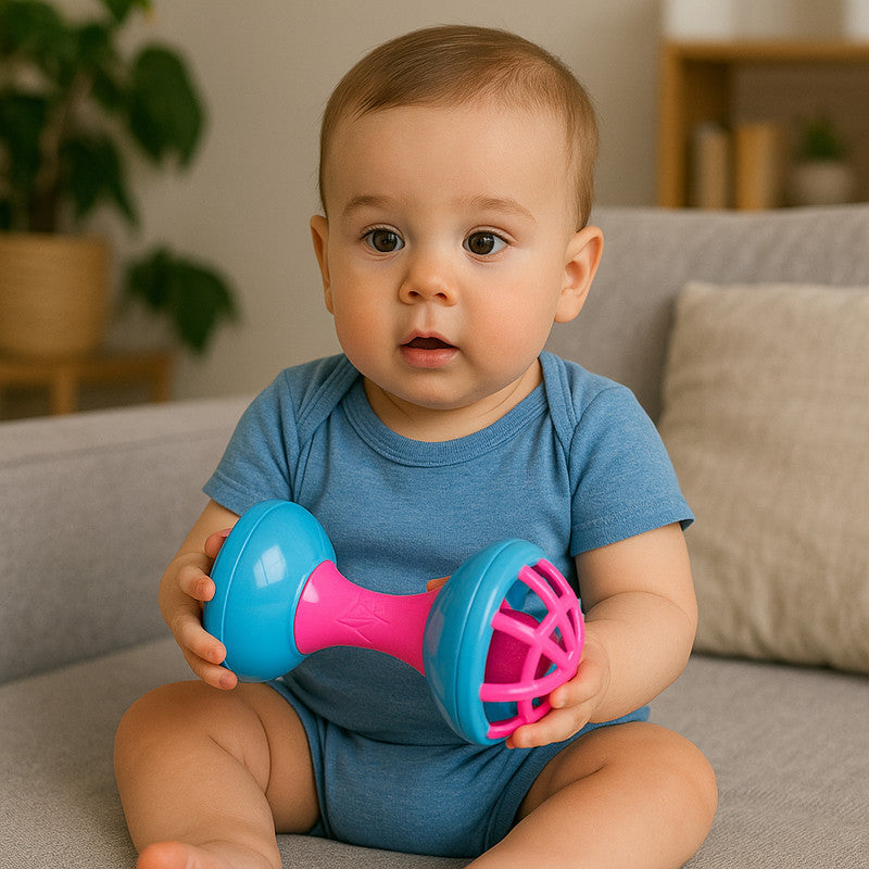 Brightly colored baby rattle encouraging sensory and motor skills