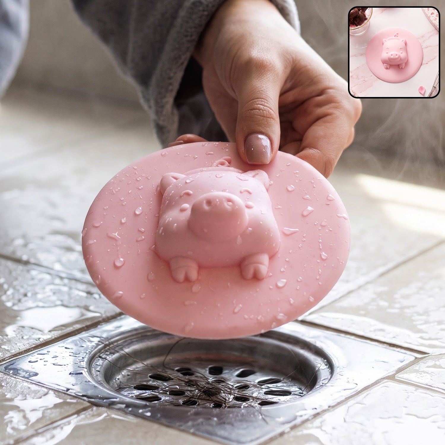 Silicone pig design floor drain cover in use