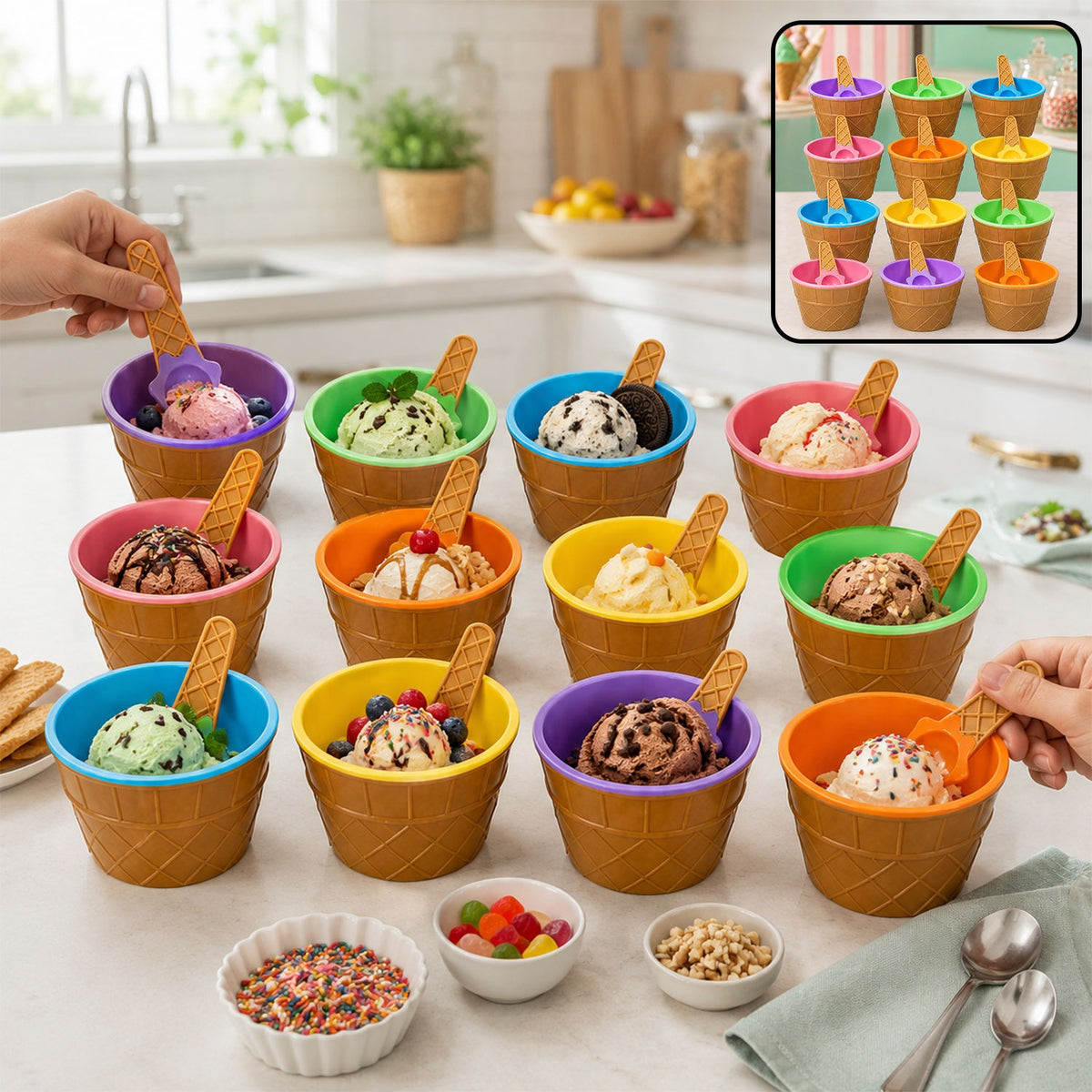 Ice Cream Bowl Set – 12-Pc Multi-Color Dessert Bowls | Jiaqi