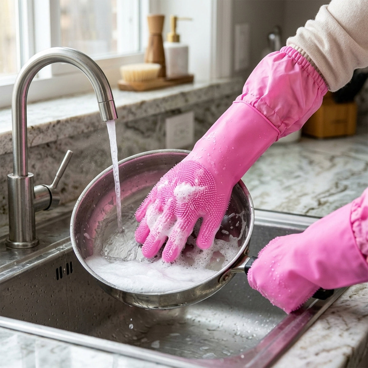Long Cuff Silicone Scrubber Cleaning Gloves for Kitchen and Home Use