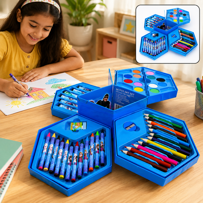 A young girl happily draws on paper with a purple marker, while a blue hexagonal art set with crayons, colored pencils, and