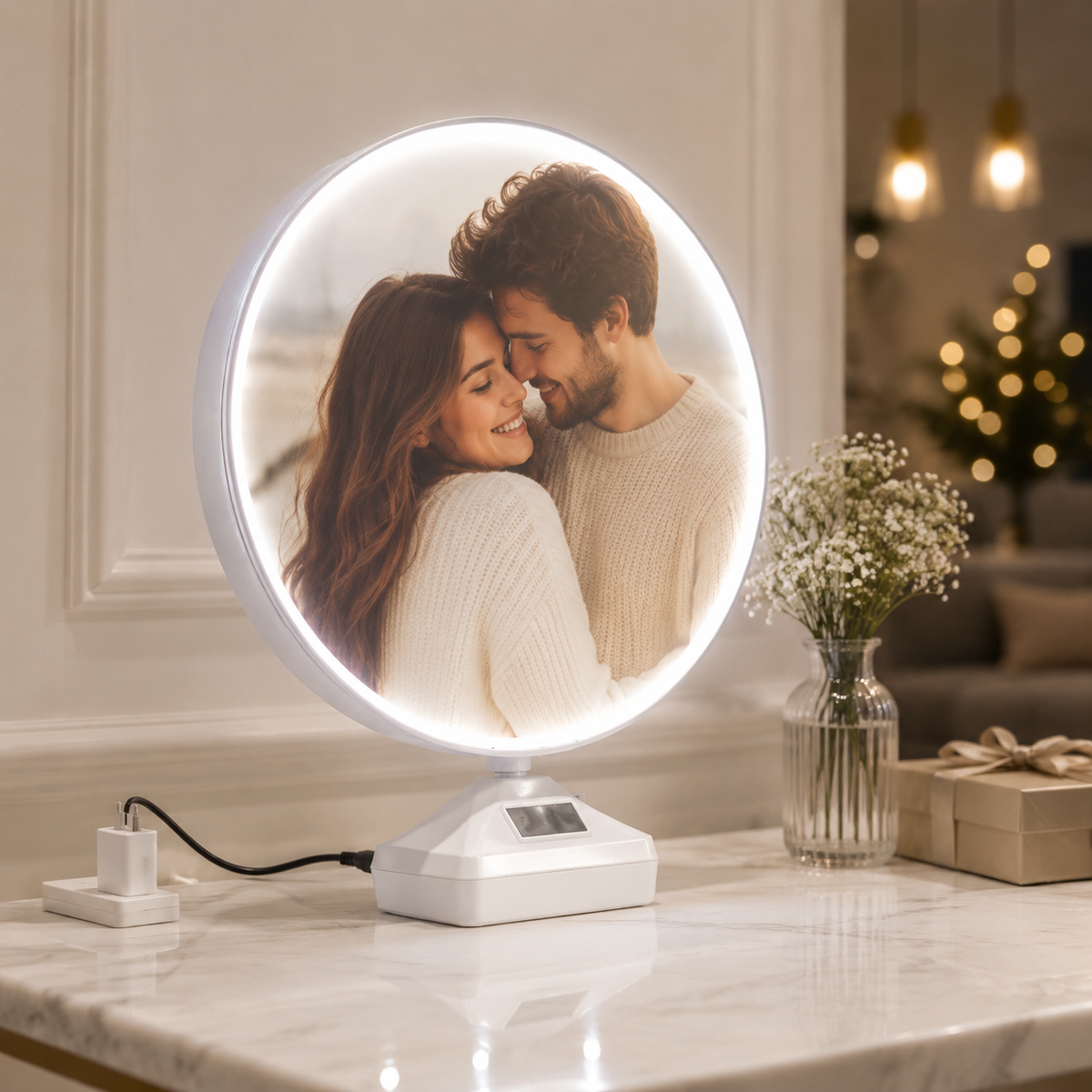 Romantic Gift Combo – LED Photo Frame, Travel Snow Globe & Golden Rose