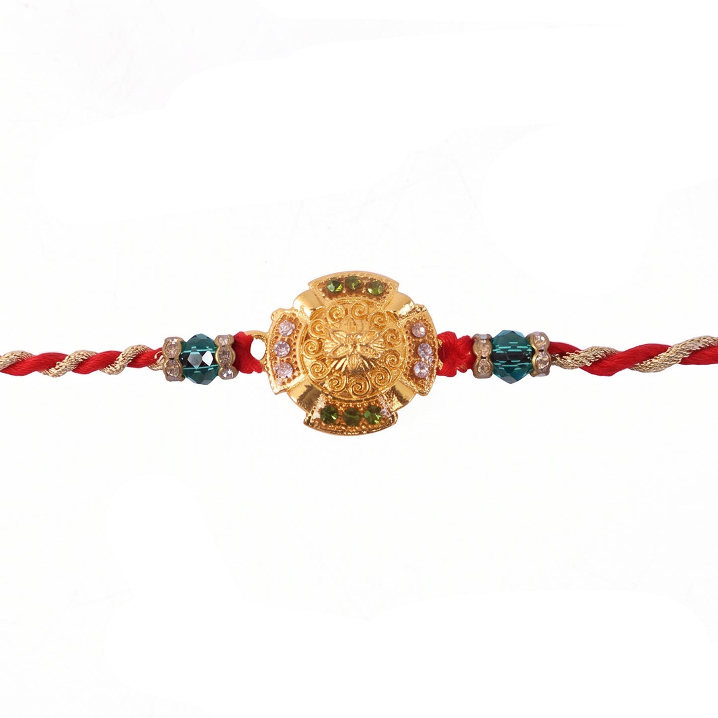 Traditional Gold Floral Coin Rakhi with Green Stone Beads