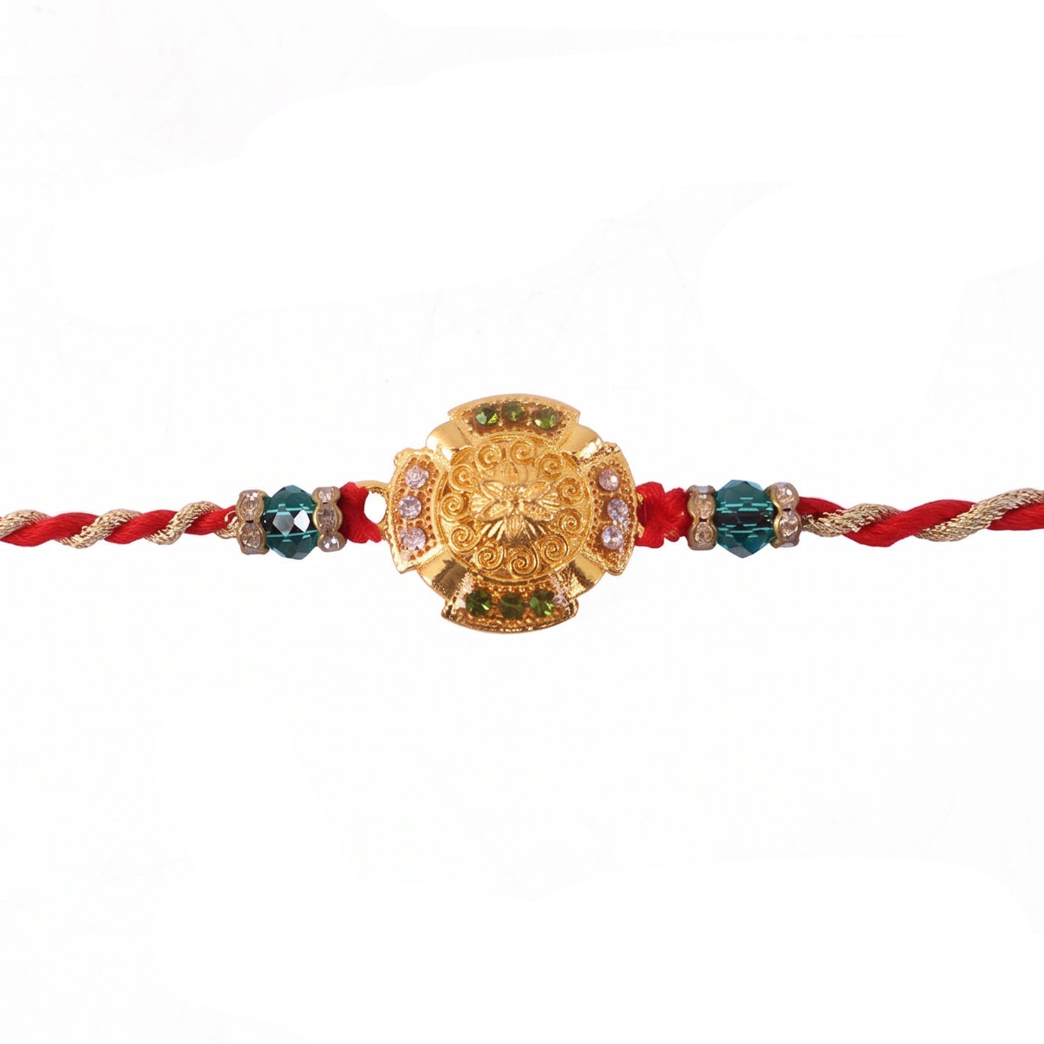 Traditional Gold Floral Coin Rakhi with Green Stone Beads