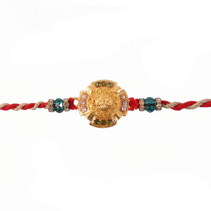 Traditional Gold Floral Coin Rakhi with Green Stone Beads